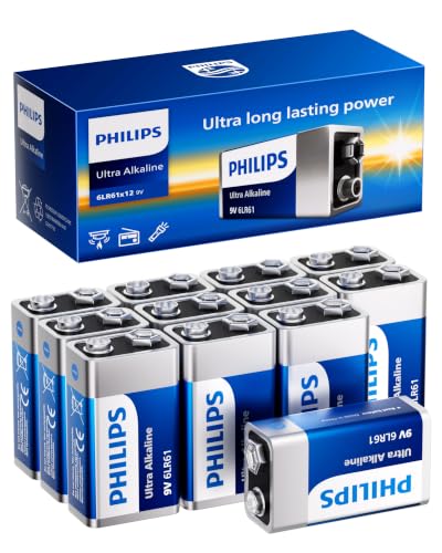 PHILIPS 9V Alkaline Batteries 12 Pack, Up to 10-Year Shelf Life