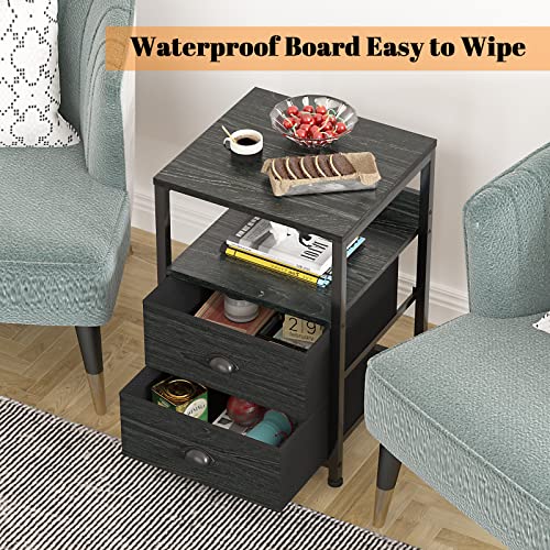 Furologee Nightstands Set Of 2, End Table With 2 Fabric Drawers, Side Table With Storage Shelf, Industrial Bedside Sofa Table Furniture For Bedroom/Living Room/Hallway/Nursery, Black Oak #TOP5