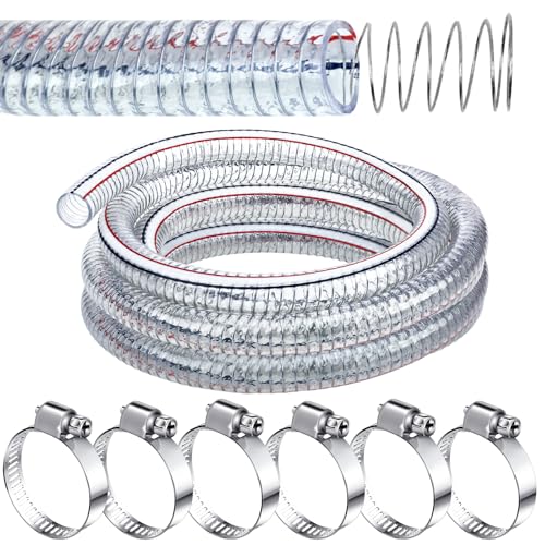 Frienda Heavy Duty Steel Wire Flexible Tubing with Fasteners PVC High Pressure Oil Drain Hose Tube Clear Wire Reinforced for Pond Marine Bilge Pump Garden Pool Vacuum Suction Hose(10 Ft 1 Inch Id)