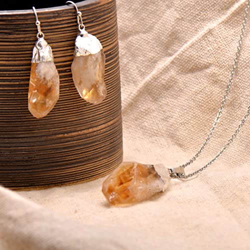Natural Citrine Crystal Points Rough Stone Jewelry Set Earrings and Necklace, Yellow Gold Tone - Thumbnail 3
