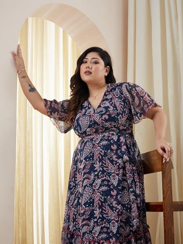 Image of Miss Chase A+ Women's V-Neck Three-Quarter Sleeve Floral Wrap Chiffon Midi Dress
