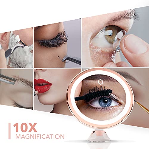 Fancii 10X Magnifying Makeup Mirror With True Natural Light And Locking Suction - 8 Inch Large Lighted Travel Vanity Mirror, Dimmable Daylight Leds, Battery And Usb Operated - Luna (Rose Gold) #TOP2