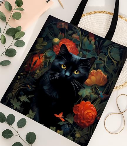 Image of Cute Cat Canvas Tote Bag for Women, Aesthetic Reusable Shoulder Bag for Shopping Travel Work