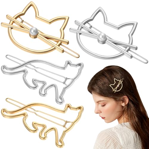 Product Image of the FRCOLOR Cat Hair Clip, 4 Pieces Metal Novelty Pearl Cat Shaped Hair Clips Cute Small Cat Barrettes Hairpins for Women Girls