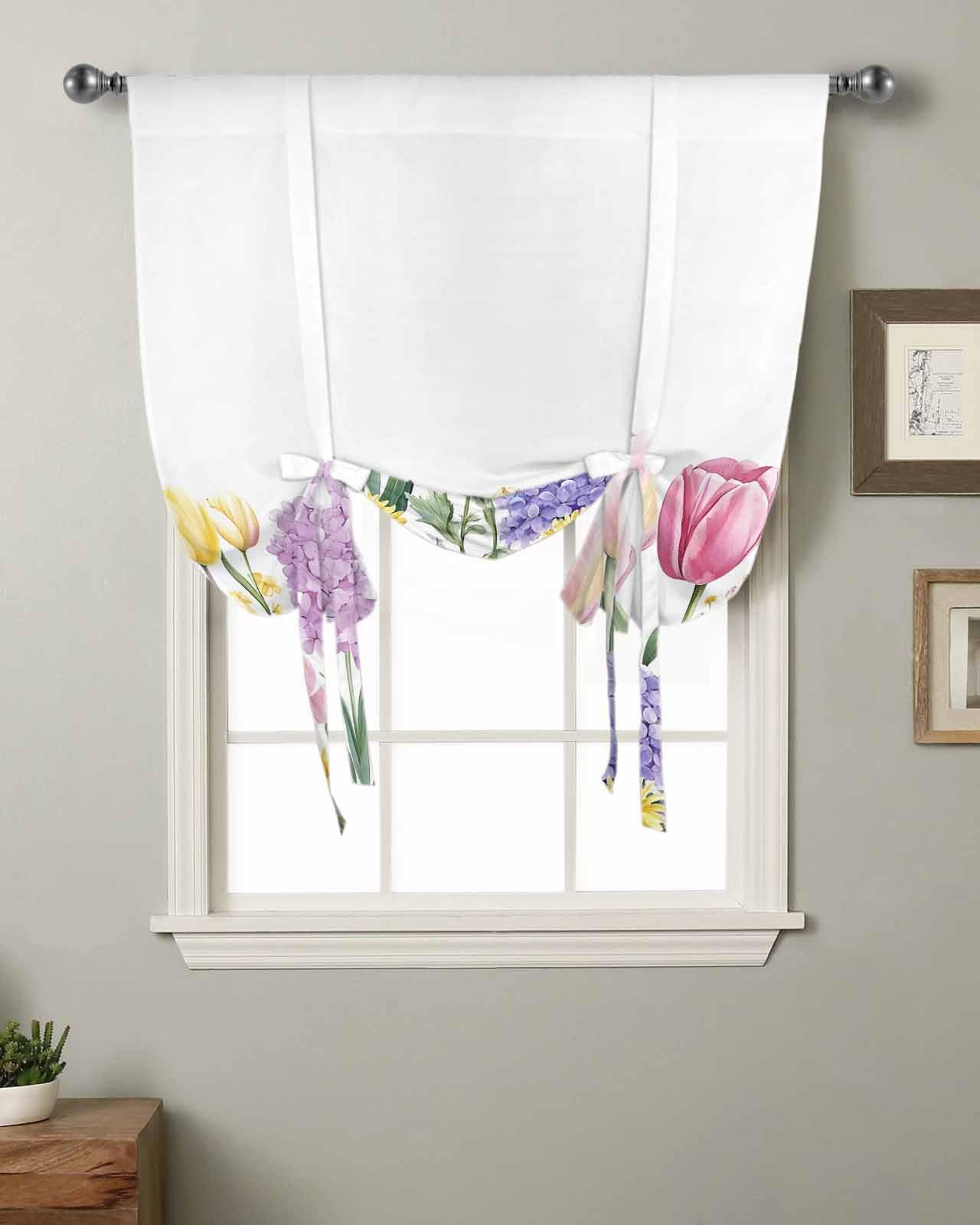 Spring Floral Tie Up Curtains for Windows 54 Inch Length Balloon Curtains Kitchen Adjustable Balloon Window Shade Summer Botanical Pink Wildflower Tie Up Valance Bathroom Curtain Window 42