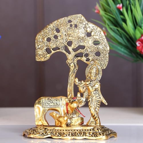 Image of Premium Golden Finish Metal Krishna Playing Flute with Cow Sculpture, Decorative Hindu God Murti for Mandir, Office, Festive Gift and Home Decoration