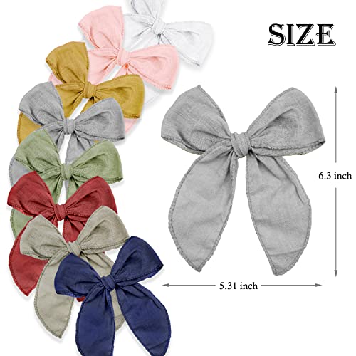 8 Pieces Large Fable Hair Bows Cotton Linen Hair Bow Clips For Girls Toddler Bows Pink Bow Neutral Handmade Hair Accessories Hair Bows For Toddler Baby Kids Girls Women (Morandi Color) #TOP1