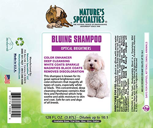 Image of Nature's Specialties Bluing Ultra Concentrated Dog Shampoo for Pets, Makes up to 2 Gallons, Natural Choice for Professional Groomers, Optical Brightener, Made in USA, 16 oz