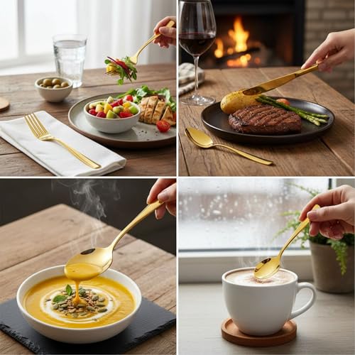 Image of 20 Pcs Gold Mirror Polish Stainless Steel Cutlery Set for Dining Table with Spoons and Forks Set + Butterknives - The Perfect Tableware /Flatware