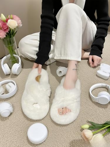 Plush Cross-Band Slippers, Fluffy Indoor House Shoes, Non-Slip Sole,2