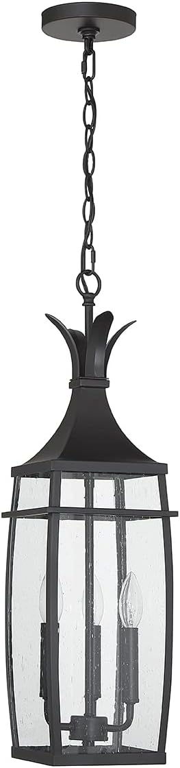 Savoy House 5-763-BK Montpelier Modern Farmhouse Clear Seeded Glass Outdoor Hanging Lantern, 3-Light 120 Total Watts, 25" H x 8" W, Matte Black