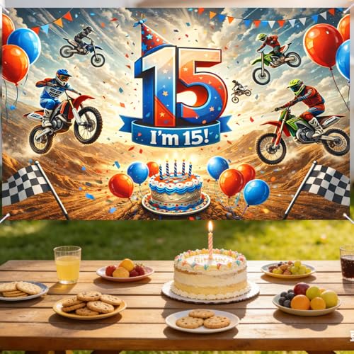 Image of Nuxovilar Happy 15th Birthday Banner Yard Sign 71 inchx43in Polyester Backdrop | Celebrate Party Supplies, Celebration Decor. Dirt Bike Birthday Party Decorations. Yard, Garage, Room. (Dirt Bike 15th)