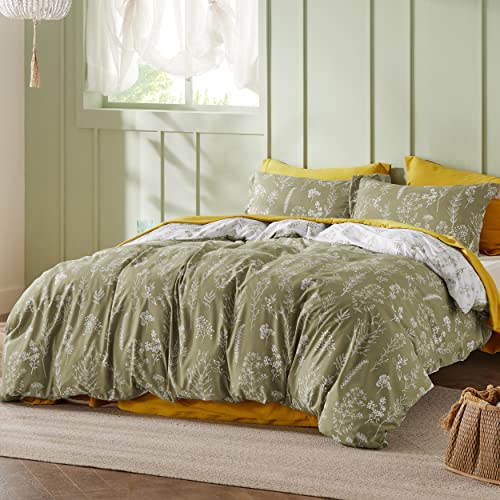 Image of Bedsure Full Comforter Set - Olive Green Bed Set, 3 Pieces Cute Floral Bedding, 1 Soft Reversible Botanical Flowers Comforter and 2 Pillow Shams