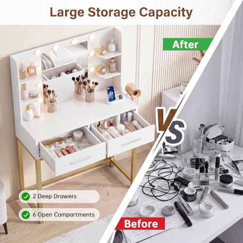 Image of YESHOMY Vanity Desk with Mirror and Lights, Small Makeup Table for Bedroom | Built-in Fast Charging Station, 3-Mode LED Mirror, Large Storage with Drawers & Open shelves