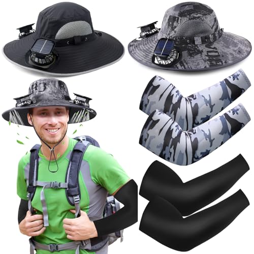 Glitopper 2 Set Wide Brim Solar Fan Hats with 2 Solar Fan and Arm Sleeves Set Outdoor Fishing Bucket Hat for Men Women Hiking(Black and Dark Grey)