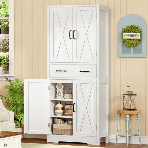Image of TEENFON Tall Storage Cabinet with 2 Adjustable Shelves & 1 Large Drawer, Kitchen Pantry Cabinet with 4 Doors, Bathroom Storage Cabinets, for Living Room, Kitchen, Bathroom, White
