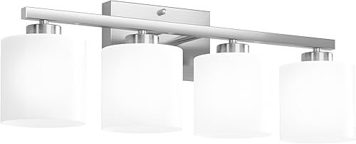 Miniatura 8 de Honesorn Lámpara de tocador de baño de 4 luces, níquel cepillado, moderna con pantalla esmerilada y acabado antioxidante, iluminación base E26