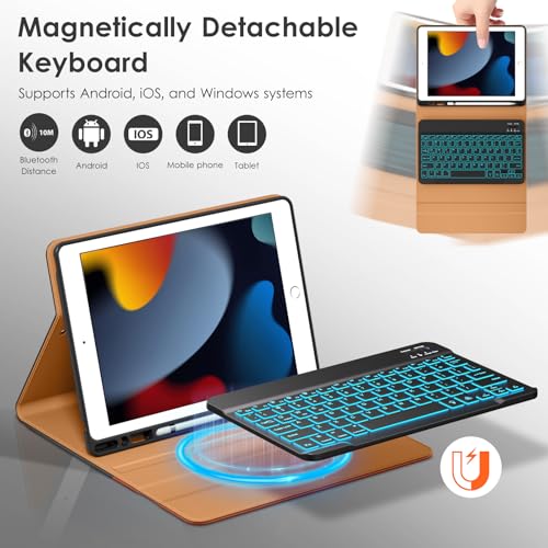 Image of DTTO for iPad 9th /8th /7th Generation 10.2 inch Case 2021 /2020 /2019 with Keyboard, 7 Colors Backlit Wireless Detachable Keyboard Premium Leather Folio Cover with Pencil Holder & Pocket, Black Brown