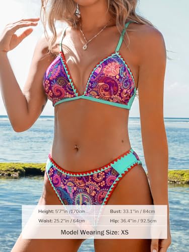 CUPSHE Women Swimsuit Bikini Set Triangle Cheeky Paisley Shell Stitched Two Piece Bathing Suit4