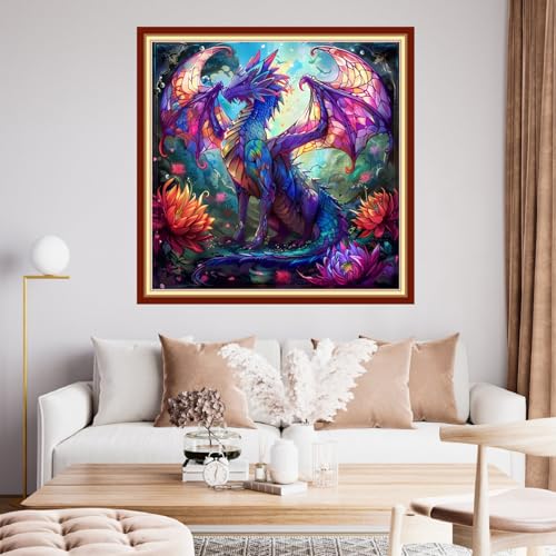 Image of Funchey Stamped Cross Stitch Kits, DIY Cross Stitch Pattern for Adults Beginners Needlepoint Kits Embroidery Kit Arts and Crafts 11CT-Colorful Dragon 18x18 inchs