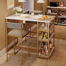 Amyove Dining Table Set for 2, Bar Table and Chairs for 2, Kitchen Table Set with 2 Upholstered Chairs, 3 Large Storage Shelves, Pub Table Set for Small Space, Apartment, Grey and Gold White