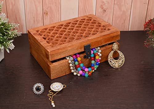 Samhita Mango Wood Decorative Wooden Box with Hinged Lid in Jali Carvings Used as Storage Box Christmas Gifts Items (22.86cm x 15.24cm x 7.62cm) - Cosy Home Interiors Samhita Mango Wood Decorative Wooden Box with Hinged Lid in Jali Carvings Used as Storage Box Christmas Gifts Items (22.86cm x 15.24cm x 7.62cm) - Image 3