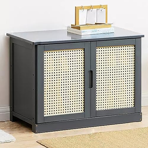 Rangement pour chaussures d'entrée gris avec banquette et portes en rotin naturel