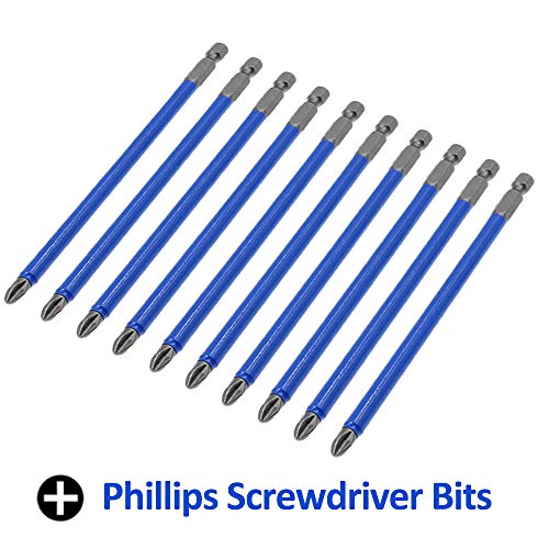 Amgiimor 10Pcs Magnetic Phillips Screwdriver Bits Set 6 Inch, 2 Non-Slip Cross Head Electric Screwdriver Bits Set 1/4