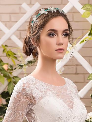 IYOU Shiny Crystal Wedding Headband Rhinestone Green Hair Band Leaf Vintage Prom Bridal Hair Accessories for Women - Image 4