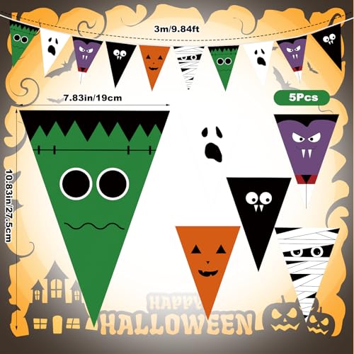 Image of 5 Pcs 49 ft Happy Halloween Banner Indoor Outdoor Halloween Party Decorations Pumpkin Ghost Banner Flags Haunted House Trunk or Treat Backdrop Garland for Wall Mantel Party Favors Supplies