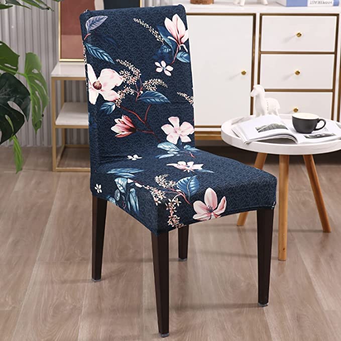 Essensa Furnishings Polyester Elastic Stretch Removable Washable Short Dining Chair Cover Protector Seat Slipcover (Blue Flower, 2)