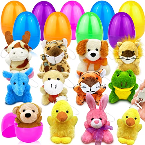 12 Pack Easter Basket Stuffers Prefilled Stuffed Animal Plush Keychain Toys, Easter Eggs Plastic Bunny Animal Plush Plastic Surprise Easter Eggs for Kids Easter Hunt Easter Party Favors