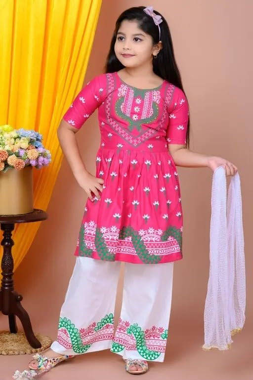 Image of Girls' Traditional Printed Kurti with Palazzo and Dupatta Set, Pink and White, Floral Design