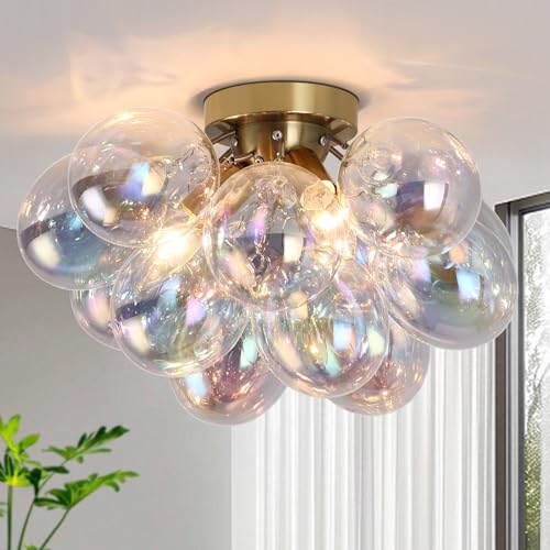 Semi Flush Mount Ceiling Light Gold, Colorful Bubble Light Fixture Kitchen Mid Century Modern Chandelier Glass with 13 Globe for Kid Room Girls Room Foyer Living Room