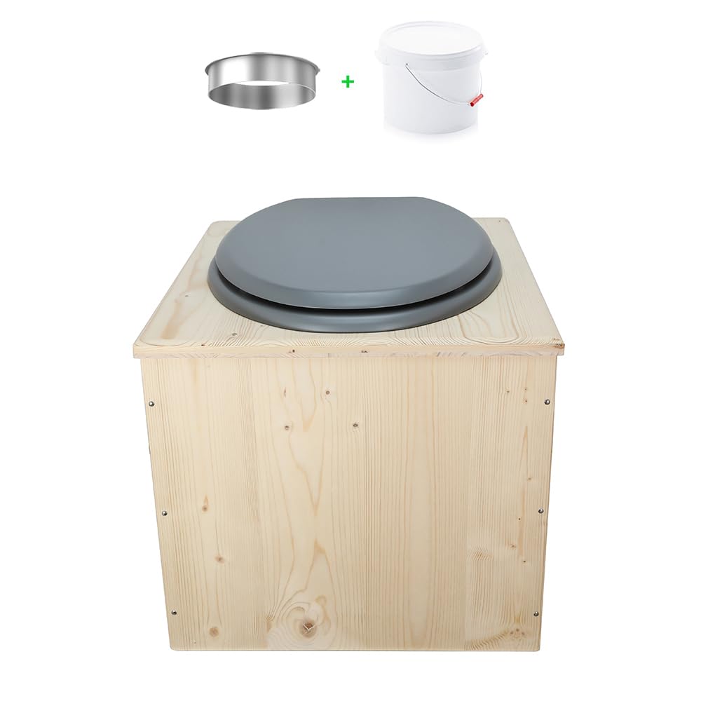Toilette sèche en bois avec bavette inox et seau 22L plastique - La gris clair 22 litres - Fabrication Française - N9F4