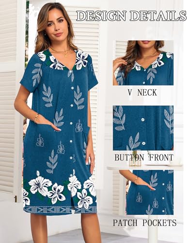 Image of Ekouaer House Dresses for Women with Pockets Button Down Nightgowns Plus Size Moo Moos Mumu Dresses Floral Print S-3XL