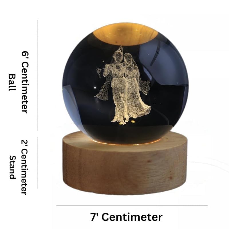 Image of 3D Radha Krishna Flute Crystal Ball LED Night Lamp, Spiritual Engraved Design with Wooden Base, Decorative Night Light for Home Mandir, Gift (Radha Krishna)