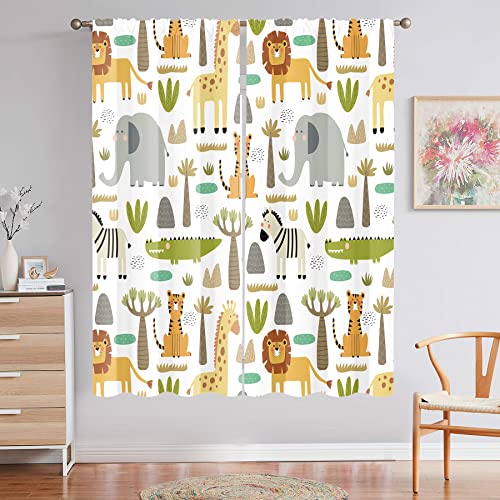 Miyotaa MCL-IASZ-88QQ Kids Animal Curtains 2 Panels 42W X 63H Rod Pocket Nursery Safari Baby Woodland Jungle Forest Boys Lion Elephant Polyester Window Drapery Treatment thumb #1