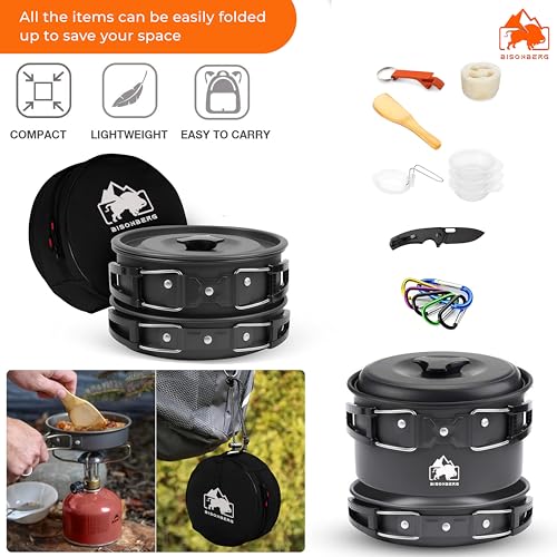 Image of BISONBERG 8 Pcs Camping Cookware Set, Mess Kit, Camping Accessories for Outdoor, Camping Utensils with Carry Bag, Camping Bowl Pot Pan Set - Nonstick Aluminum - for 2 People