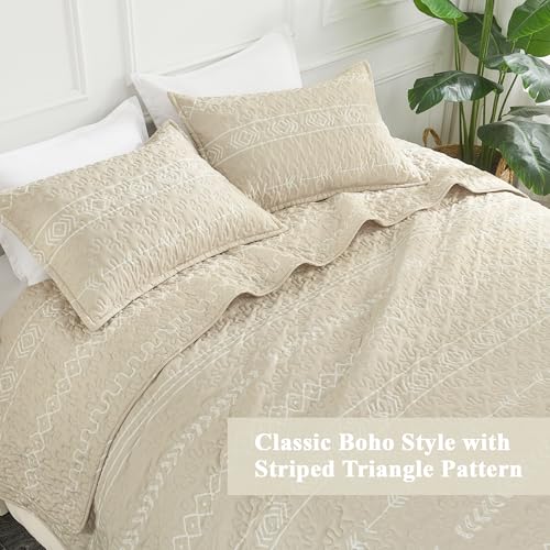 Image of Andency Beige Twin Quilt Set, 2 Pieces Boho Lightweight Soft Striped Bedspread for All Season (68 inchx86 inch), Printed Bohemian Polyester Reversible Coverlet Comoforter Sets
