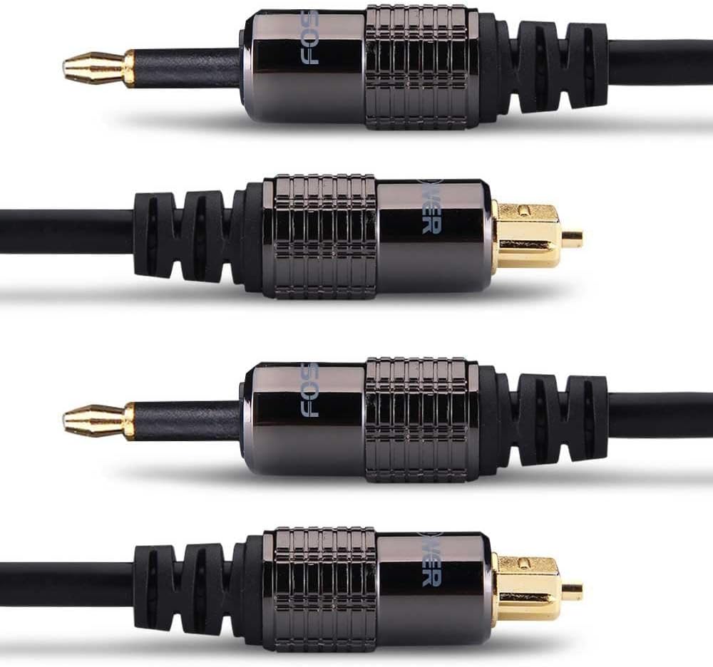 FosPower 24K Gold Plated Toslink to Mini Toslink Digital Fiber Optical S/PDIF Audio Cable with Metal Connectors & Strain-Relief PVC Jacket - 3ft/2Pack