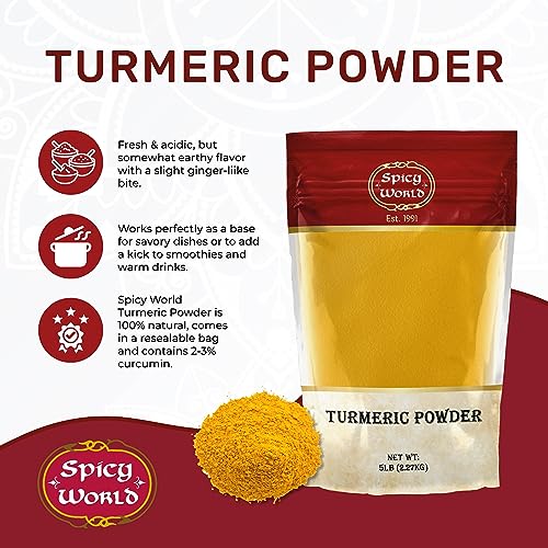 Turmeric Powder 5 Pound Bulk Bag - Indian Turmeric Root Ground (Haldi) - Minimum Curcumin 2.5% - Pure, Vegan, from India by Spicy World - Image 3