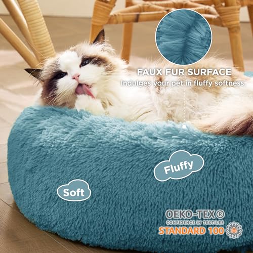 Image of Bedsure Calming Cat Beds for Indoor Cats - Small Cat Bed Washable 20 inches, Anti-Slip Round Fluffy Plush Faux Fur Pet Bed, Fits up to 15 lbs Pets, Washed Blue