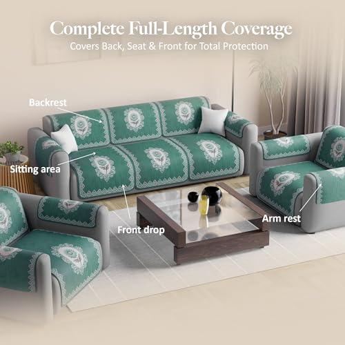 Image of Kuber Industries 5 Seater Sofa with Arm Cover | Slipcover for Living Room | Thick & Cozy | Non-Slip Comfort Sofa Cover Set | Sunflower Print Blaze 1418 - Green