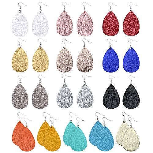 Sntieecr Leather Earrings Teardrop Petal Drop Earrings Faux Leather Earrings Lightweight Long Dangle Earrings Leaf Handmade Leather Earrings for Women Girls Teens (14 Pairs Teardrop Style)