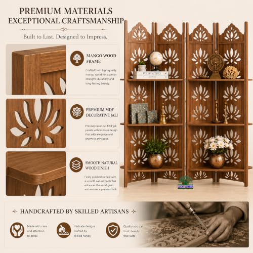 Image of Wooden Room Divider Partition with Display Shelves for Living Room | Foldable 4 Panel Decorative Privacy Screen Separator for Home, Office & Bedroom | (Natural with Shelves)