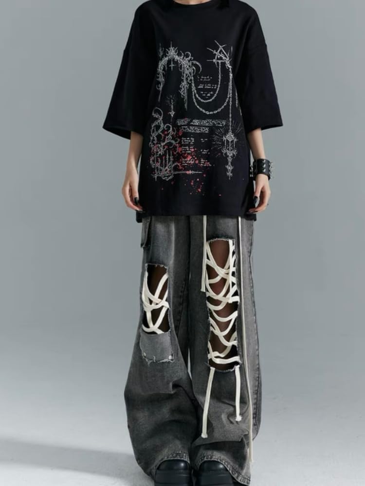 Emo Pants Emo Clothes Y2k Bow Tie Pants Gothic Baggy Pants Goth Cargo Jeans Ripped Goth Gothic Clothes