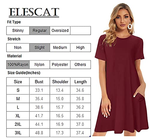 Elescat T-Shirt Dresses For Women Casual With Pockets Summer Swing Beach Sundress Short Sleeve Loose (Wine Red,Xl) #TOP4