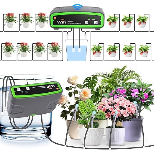 GuKKK WiFi Automatisches Bewässerungssystem mit Doppelte Pumpe, DIY Tropfbewässerungsset Gesteuert über APP, Gartenbewässerungssystem Auto/Manuell/Smart Mode für Balkon,Kübelpflanzen