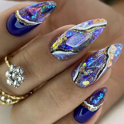 Vezocim Press on Almond Nails-24Pcs Glossy Full Cover Acrylic Purple Glitter Fake Nails with Gold Line Designs Artificial Medium False Nails Fake Nails Glue Stick on Fingernails for Women Girls